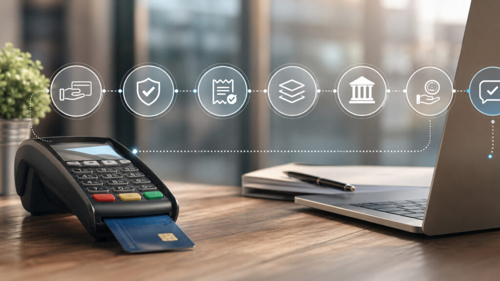 Editorial business scene illustrating merchant services workflow role