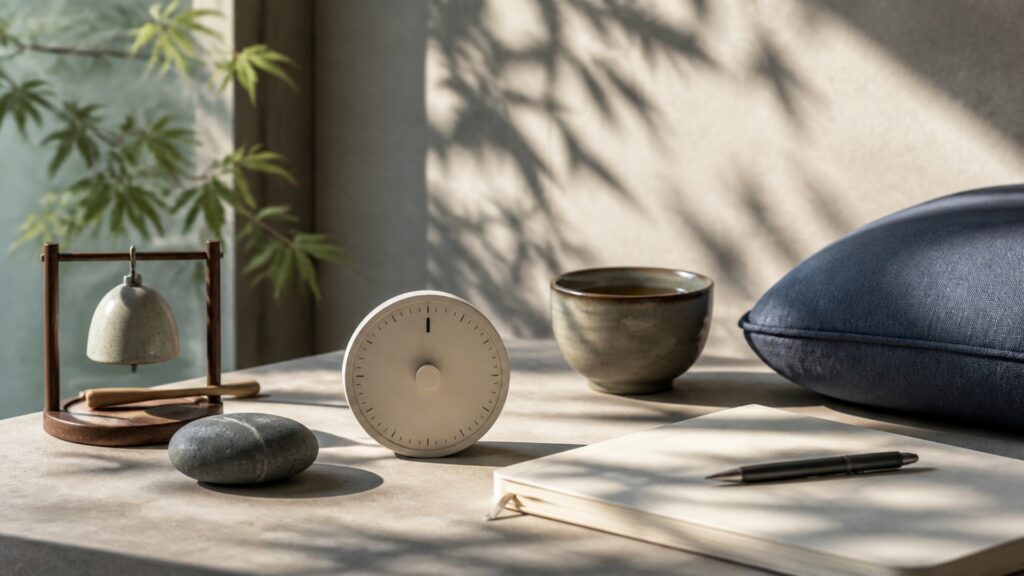 People-free mindfulness setting with simple timer, tea, textured stone, open blank journal, and soft natural light
