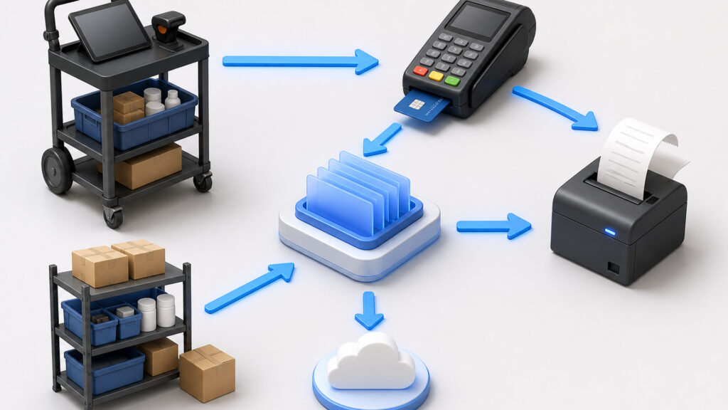 Editorial business scene illustrating mobile pos systems data flow