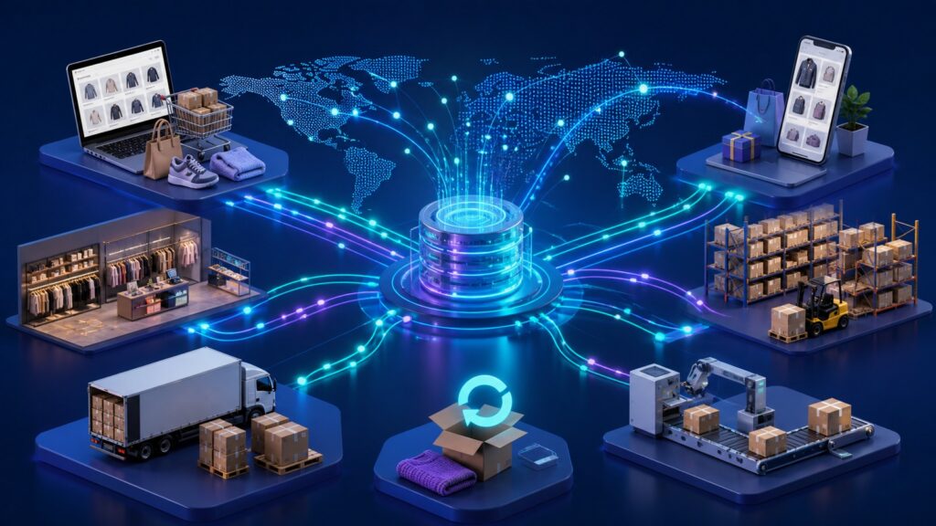 Editorial business scene illustrating multi-channel inventory software data flow