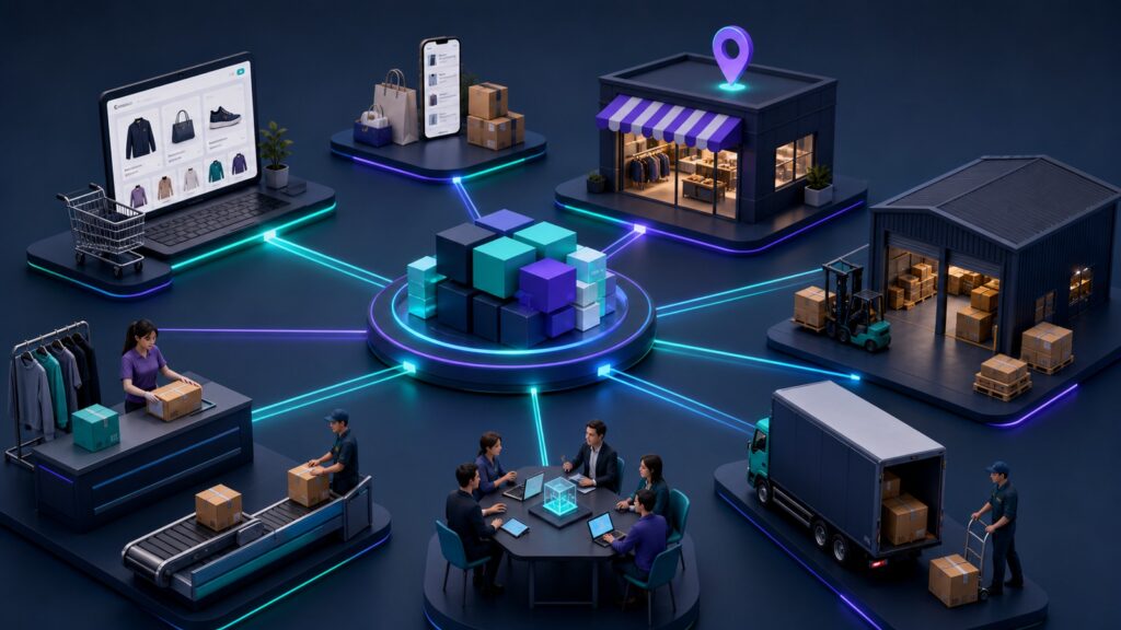 Editorial business scene illustrating multi-channel inventory software operating model