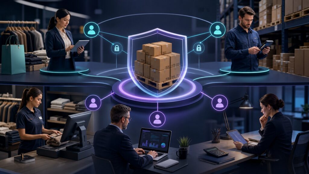 Editorial business scene illustrating multi-channel inventory software permission structure
