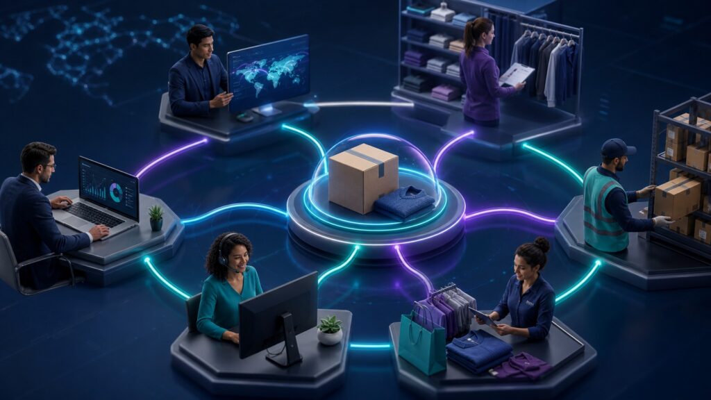 Editorial business scene illustrating multi-channel inventory software workflow role