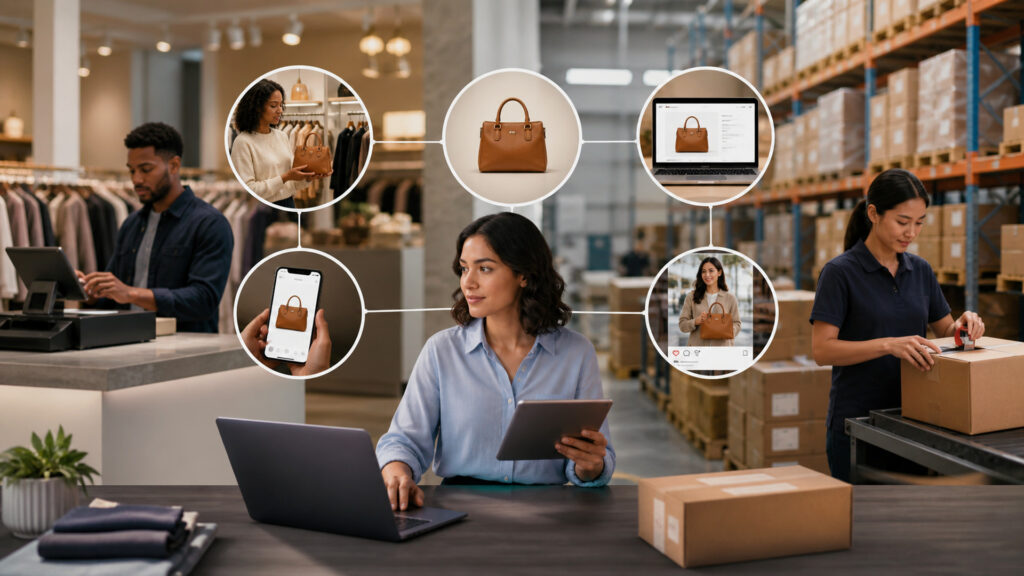 Editorial business scene illustrating multichannel commerce