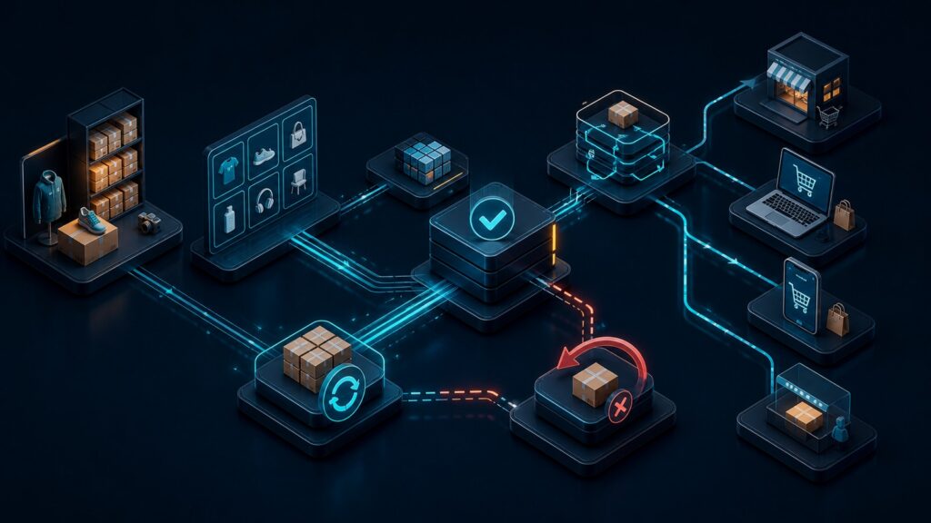 Editorial business scene illustrating multichannel selling platforms data flow