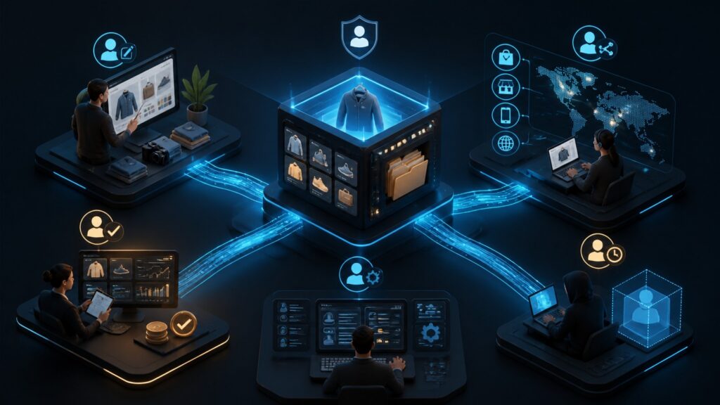 Editorial business scene illustrating multichannel selling platforms permission structure