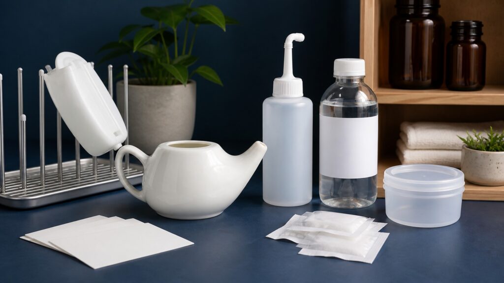 People-free editorial still life illustrating tap-water microbes wrong salinity contamination sharing high pressure ear pain bleeding and neurologic warnings