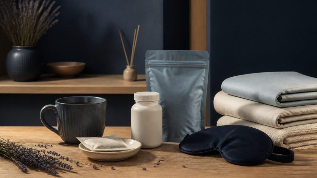 People-free editorial still life illustrating product-specific support around rest and relaxation