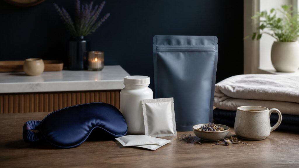People-free editorial still life illustrating sleep timing awakenings morning function dose and variability