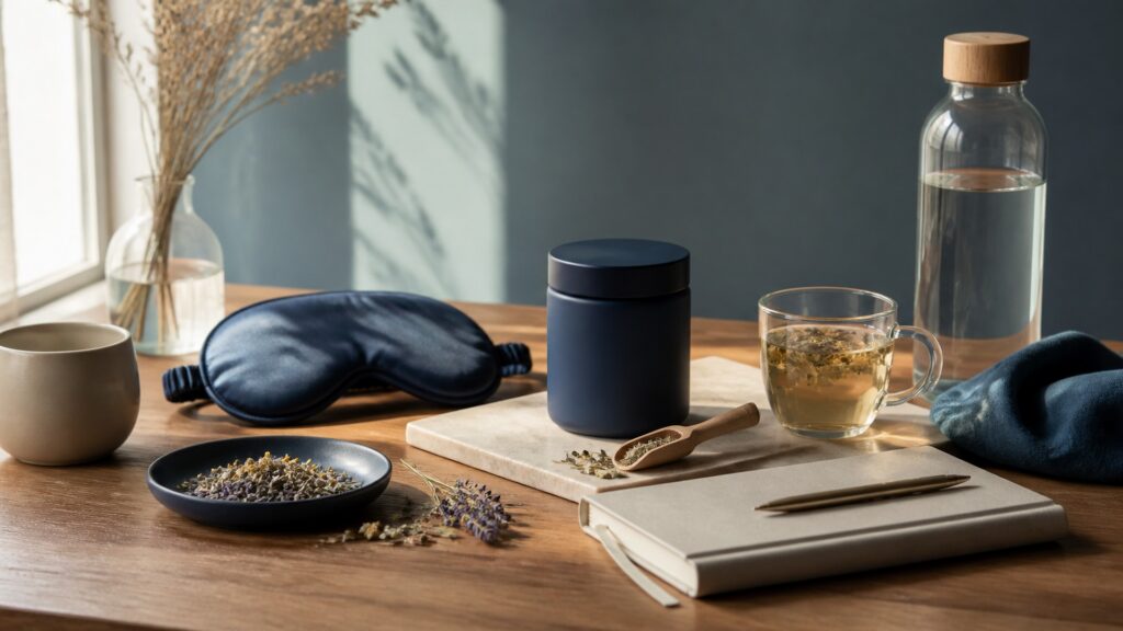 People-free editorial still life illustrating natural wellness