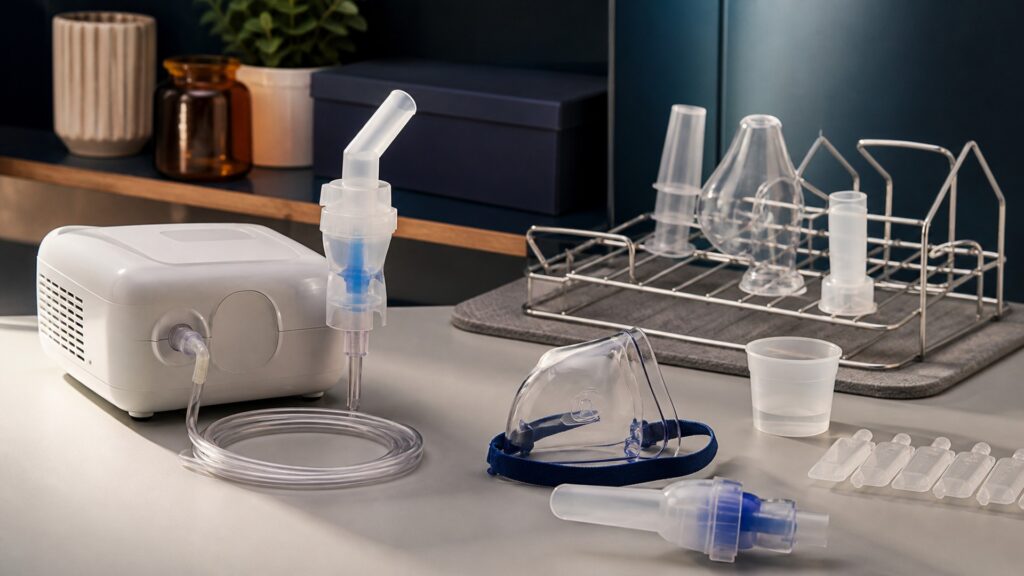 People-free editorial still life illustrating a nebulizer delivers prescribed medicine but does not independently diagnose airflow limitation or supply oxygen therapy