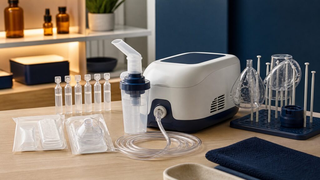 People-free editorial still life illustrating medicine dose fill volume device output interface fit breathing treatment time response and hygiene