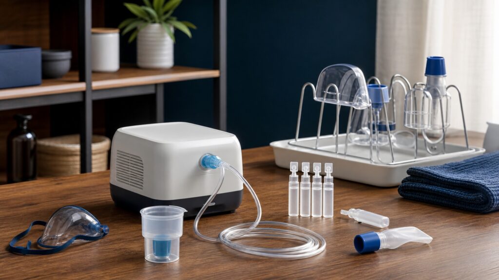 People-free editorial still life illustrating prescription errors contamination sharing damaged parts cleaning moisture worsening breathing and emergency action