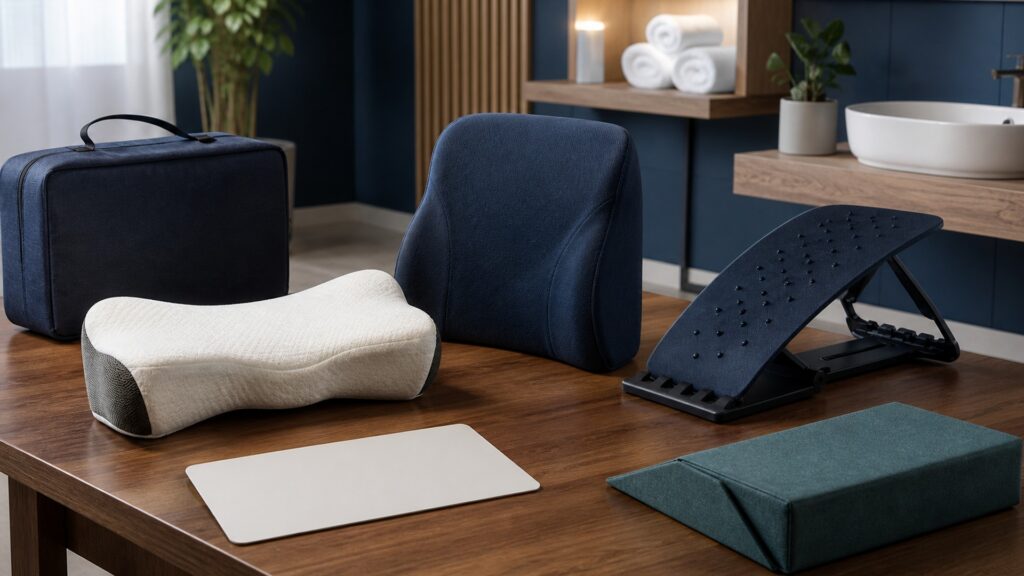 People-free editorial still life illustrating positioning support or measured traction for temporary comfort
