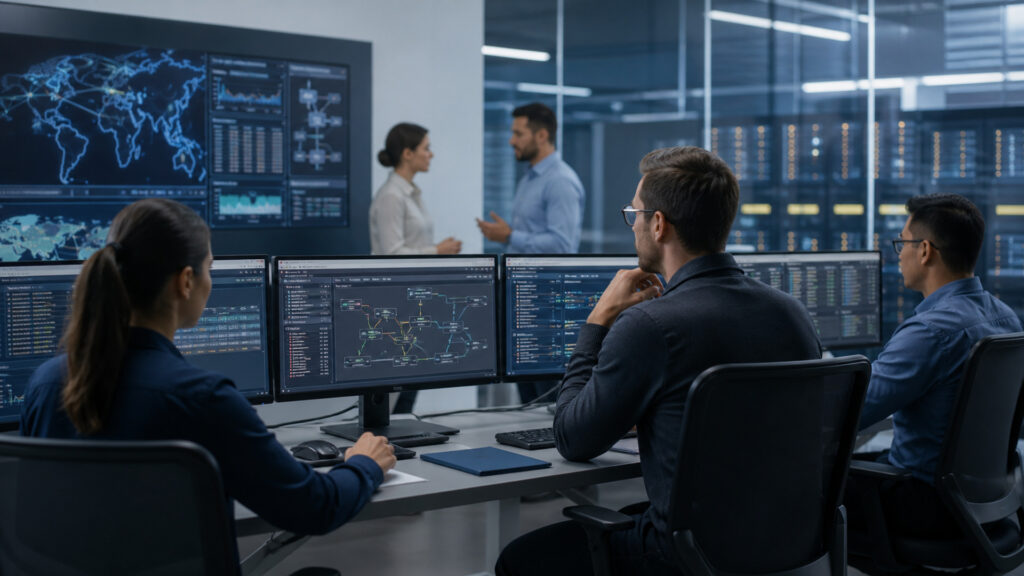 Editorial business scene illustrating network infrastructure operating model