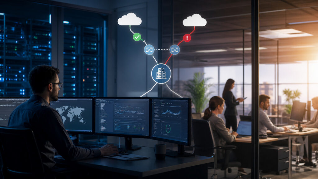 Editorial business scene illustrating network reliability