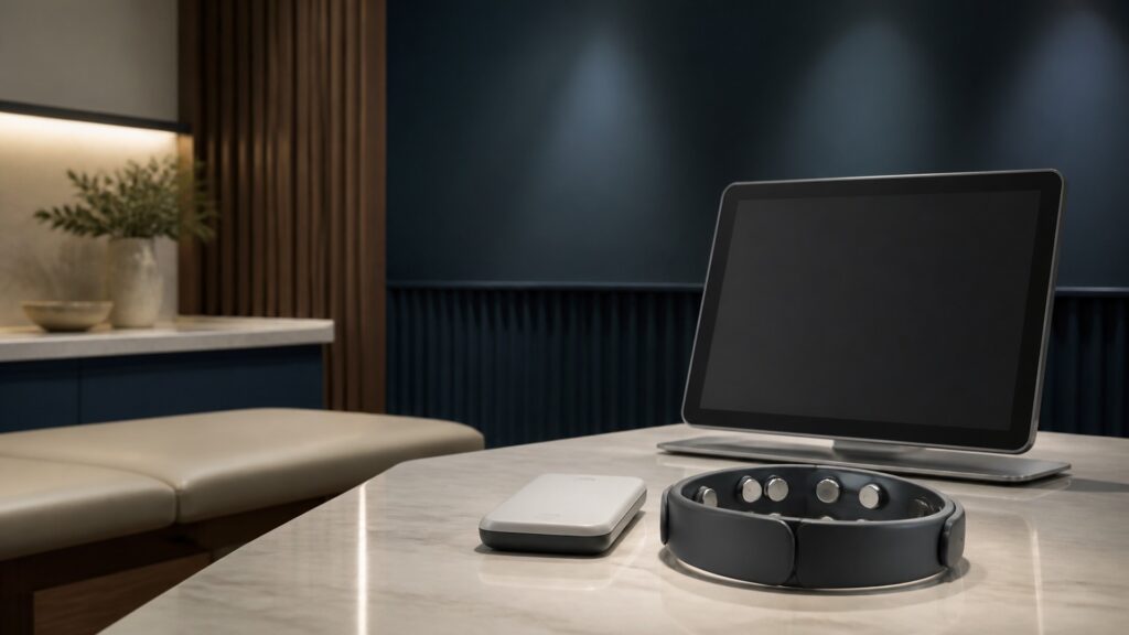 People-free editorial still life illustrating protocol-specific feedback or stimulation function