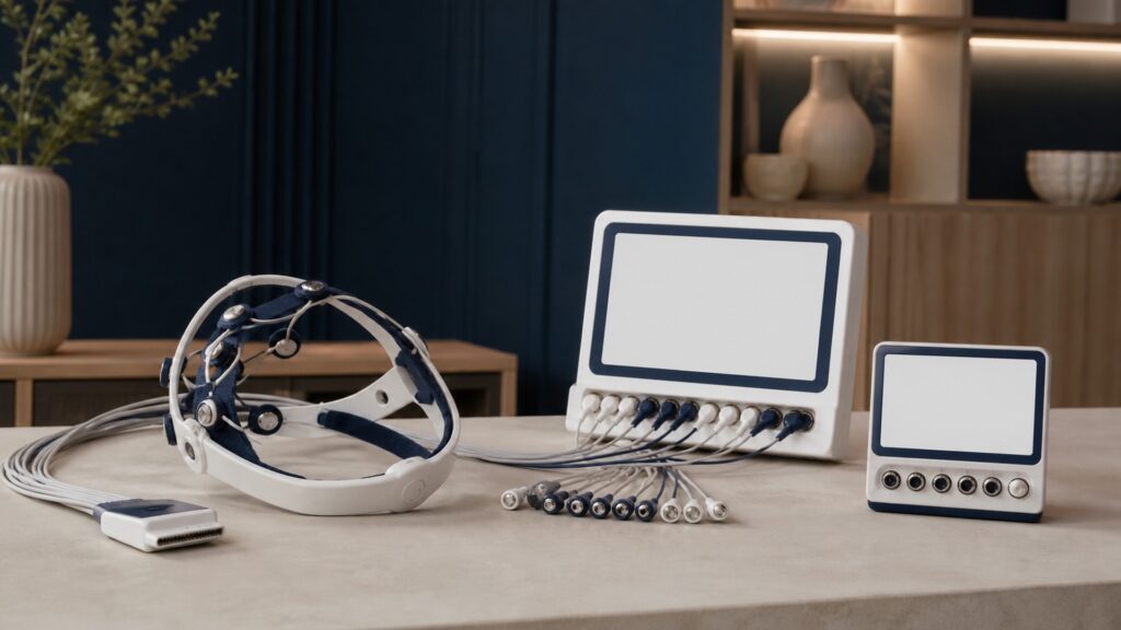 People-free editorial still life illustrating signal artifact electrode protocol dose and baseline