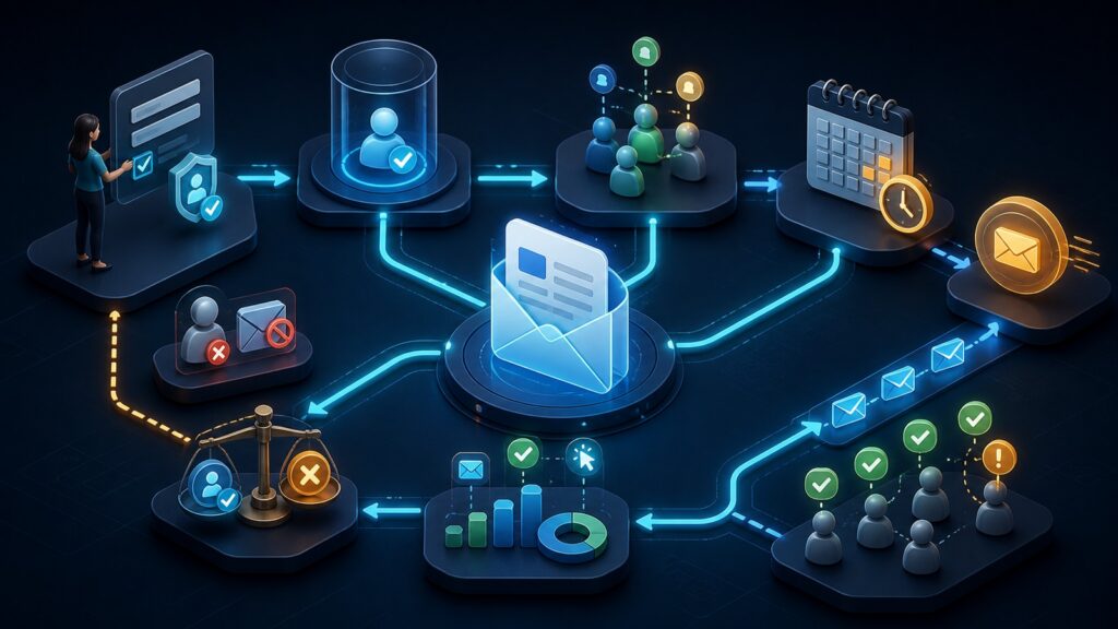 Editorial business scene illustrating newsletter marketing software data flow
