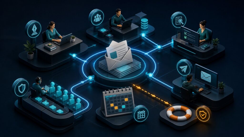 Editorial business scene illustrating newsletter marketing software operating model