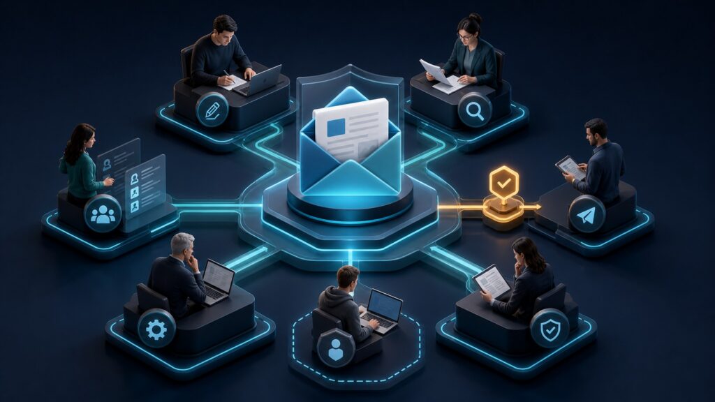 Editorial business scene illustrating newsletter marketing software permission structure