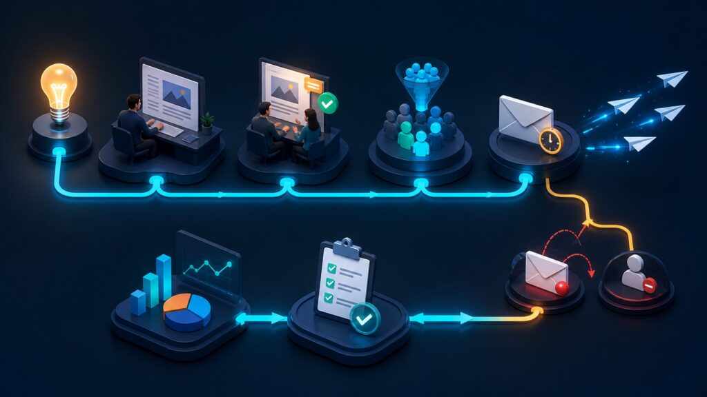 Editorial business scene illustrating newsletter marketing software workflow role