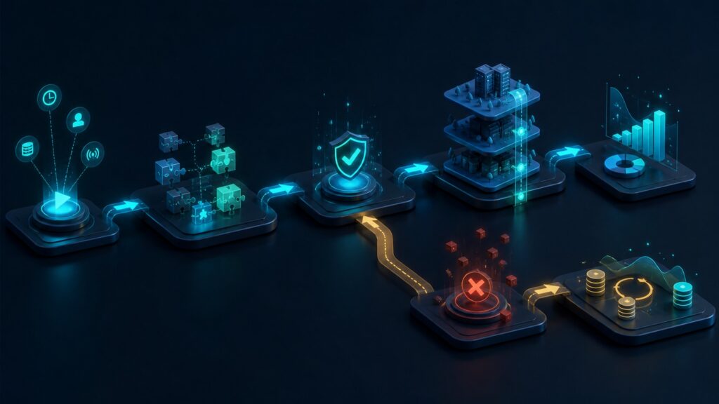 Editorial business scene illustrating no-code automation platforms data flow