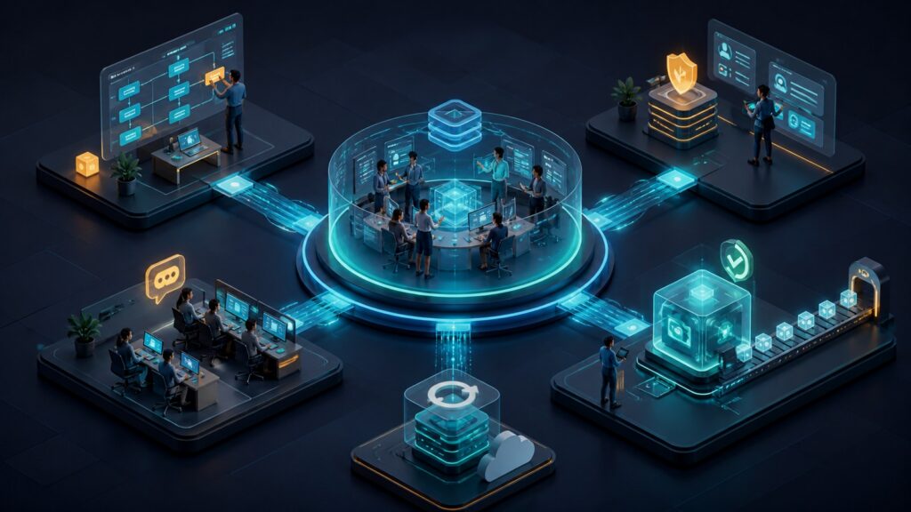 Editorial business scene illustrating no-code automation platforms operating model