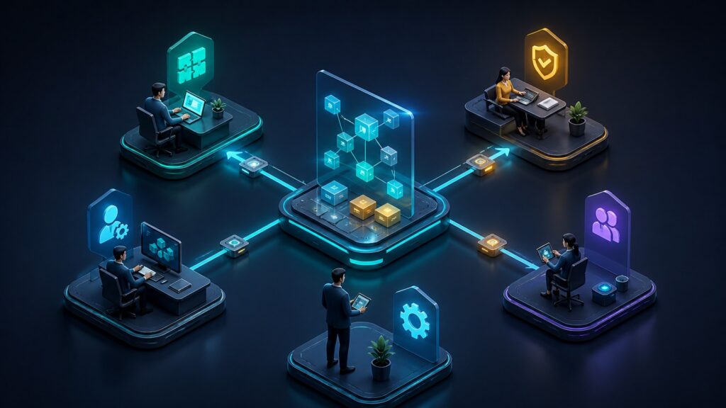 Editorial business scene illustrating no-code automation platforms permission structure