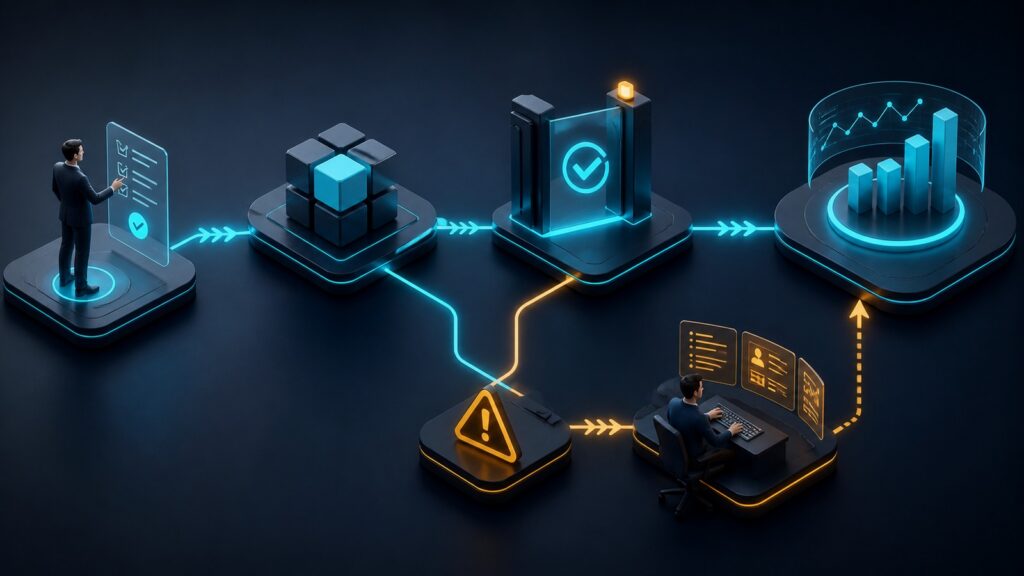 Editorial business scene illustrating no-code automation platforms workflow role