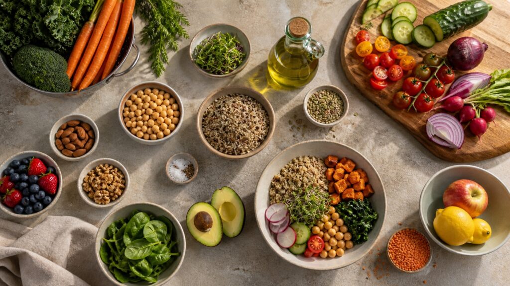 Balanced spread of vegetables, fruit, legumes, whole grains, nuts, olive oil, and a prepared grain bowl
