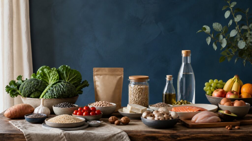 People-free editorial still life illustrating nutritional balance