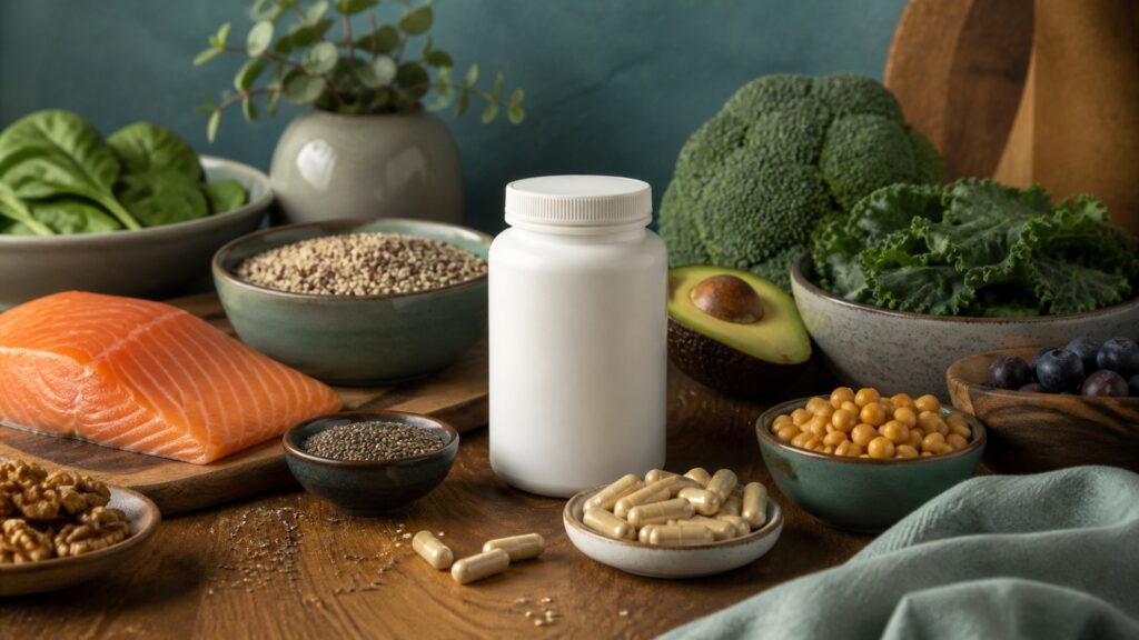 People-free editorial still life illustrating nutritional supplementation