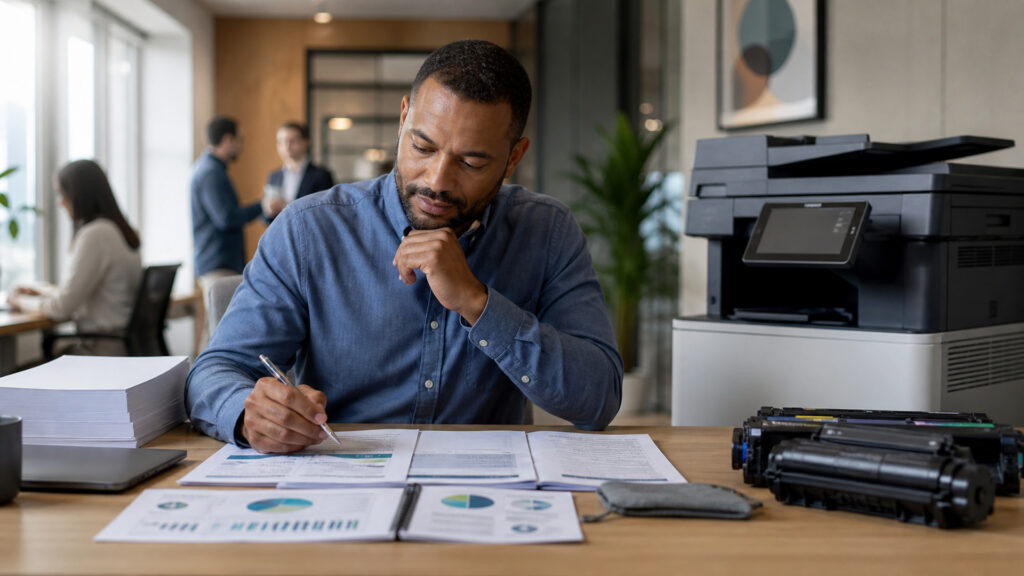 Editorial business scene illustrating office printers operating model