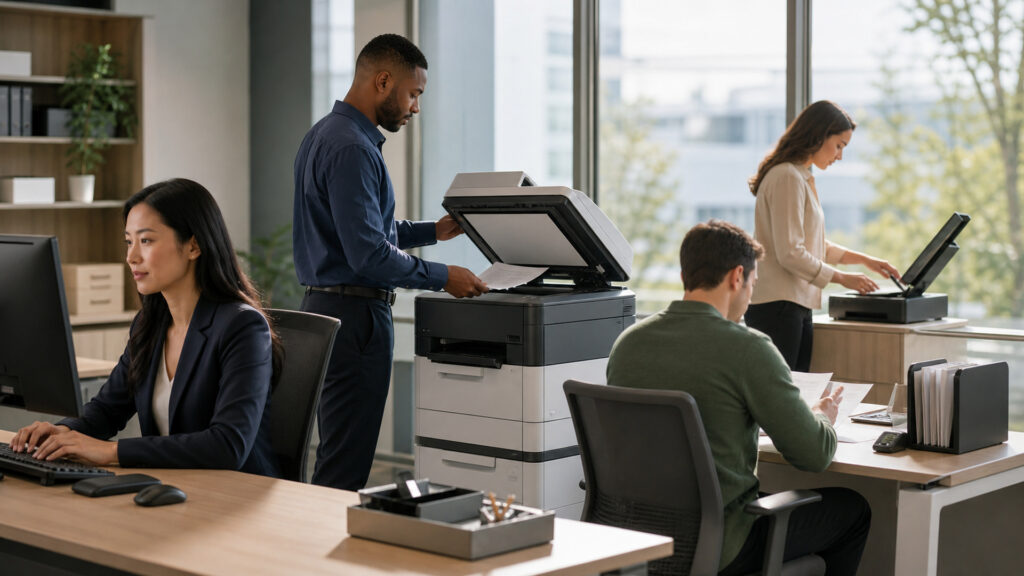 Editorial business scene illustrating office productivity equipment
