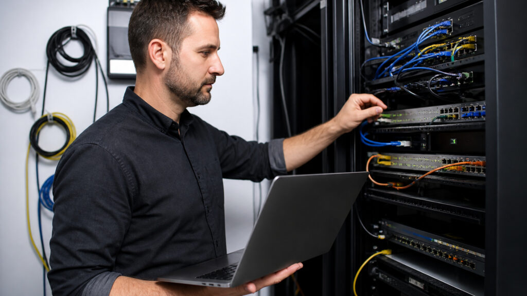Editorial business scene illustrating office wifi systems permission structure