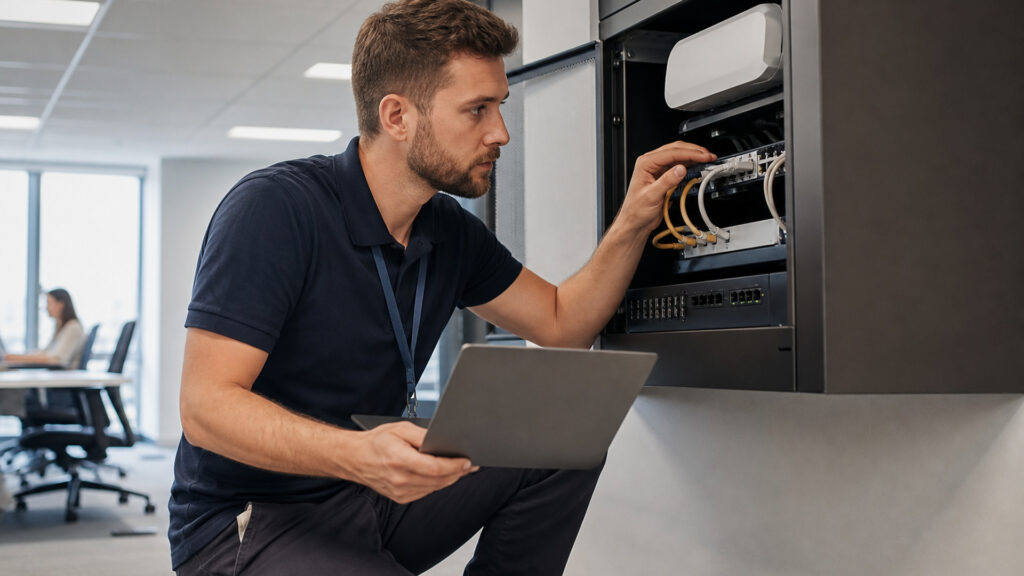 Editorial business scene illustrating office wifi systems workflow role