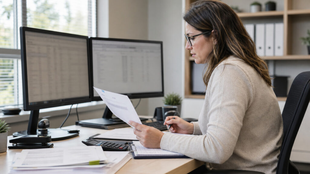 Editorial business scene illustrating online bookkeeping services data flow