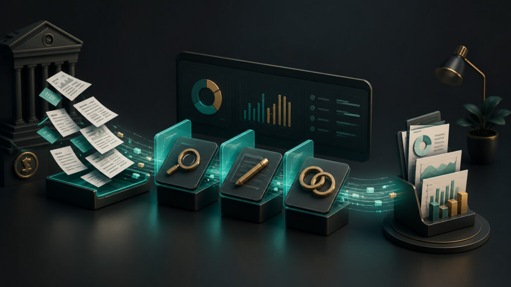 Editorial business scene illustrating online bookkeeping software data flow