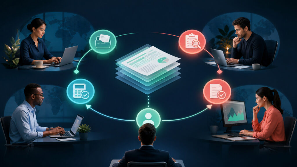 Editorial business scene illustrating online bookkeeping software operating model