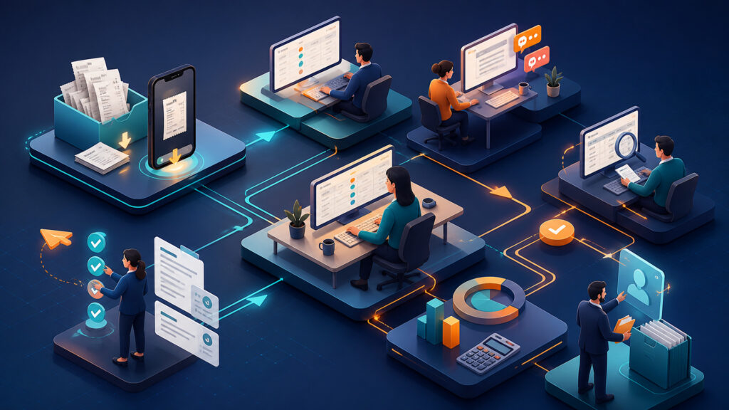 Editorial business scene illustrating online bookkeeping software workflow role