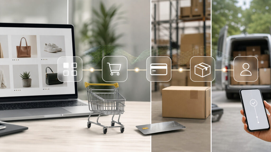 Editorial business scene illustrating online store platforms data flow