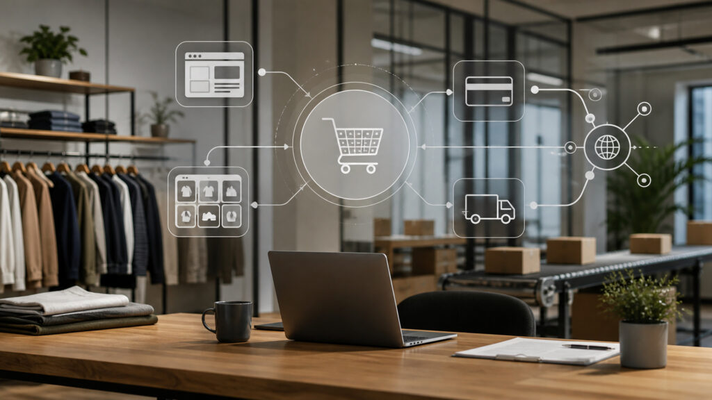 Editorial business scene illustrating online store platforms operating model
