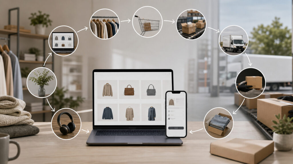 Editorial business scene illustrating online store platforms workflow role