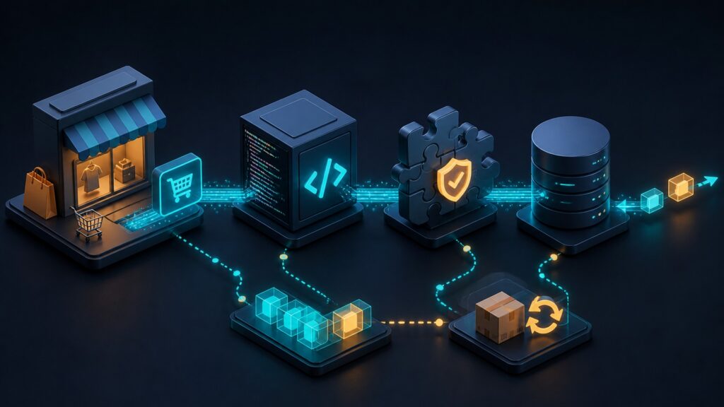Editorial business scene illustrating open source ecommerce platforms data flow