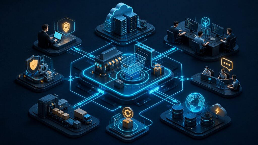 Editorial business scene illustrating open source ecommerce platforms operating model