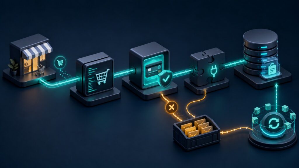Editorial business scene illustrating open source shopping cart software data flow