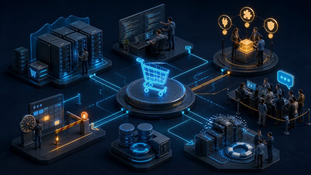 Editorial business scene illustrating open source shopping cart software operating model