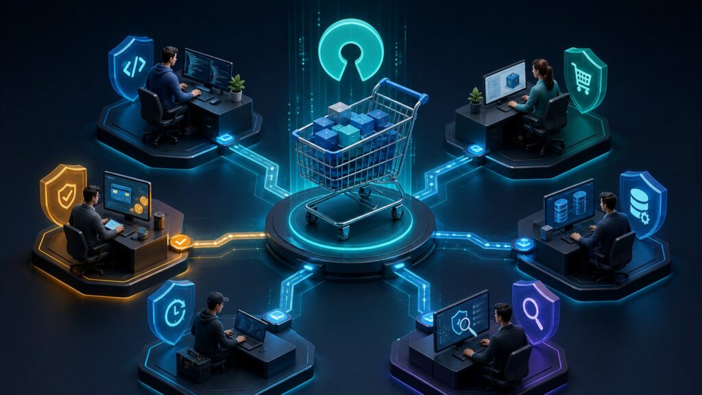 Editorial business scene illustrating open source shopping cart software permission structure