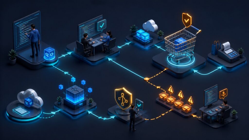 Editorial business scene illustrating open source shopping cart software workflow role